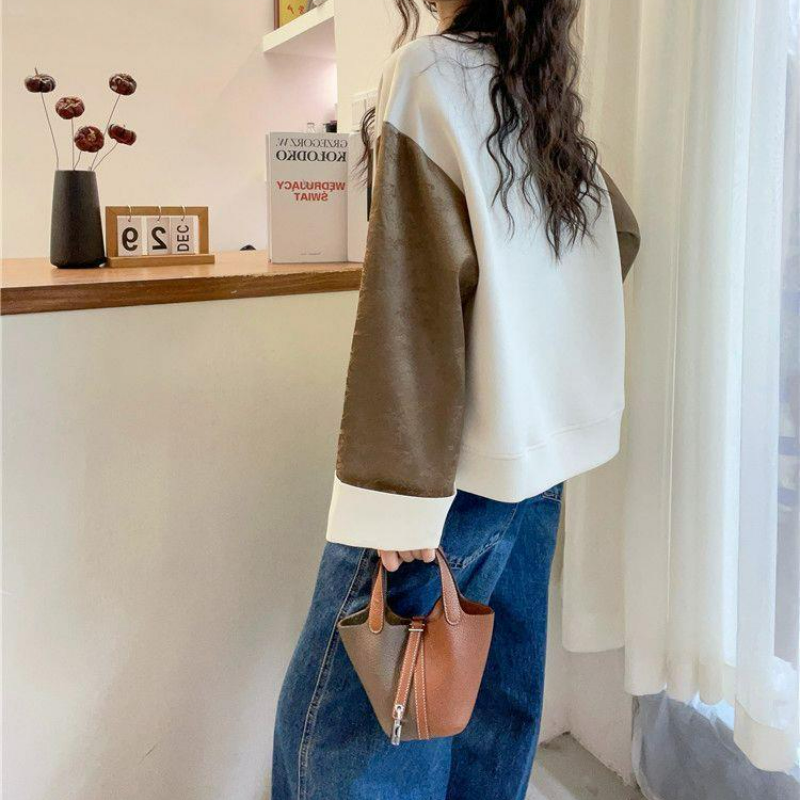 時尚拼接設計感圓領寬鬆休閒百搭長袖T恤-HaloBless