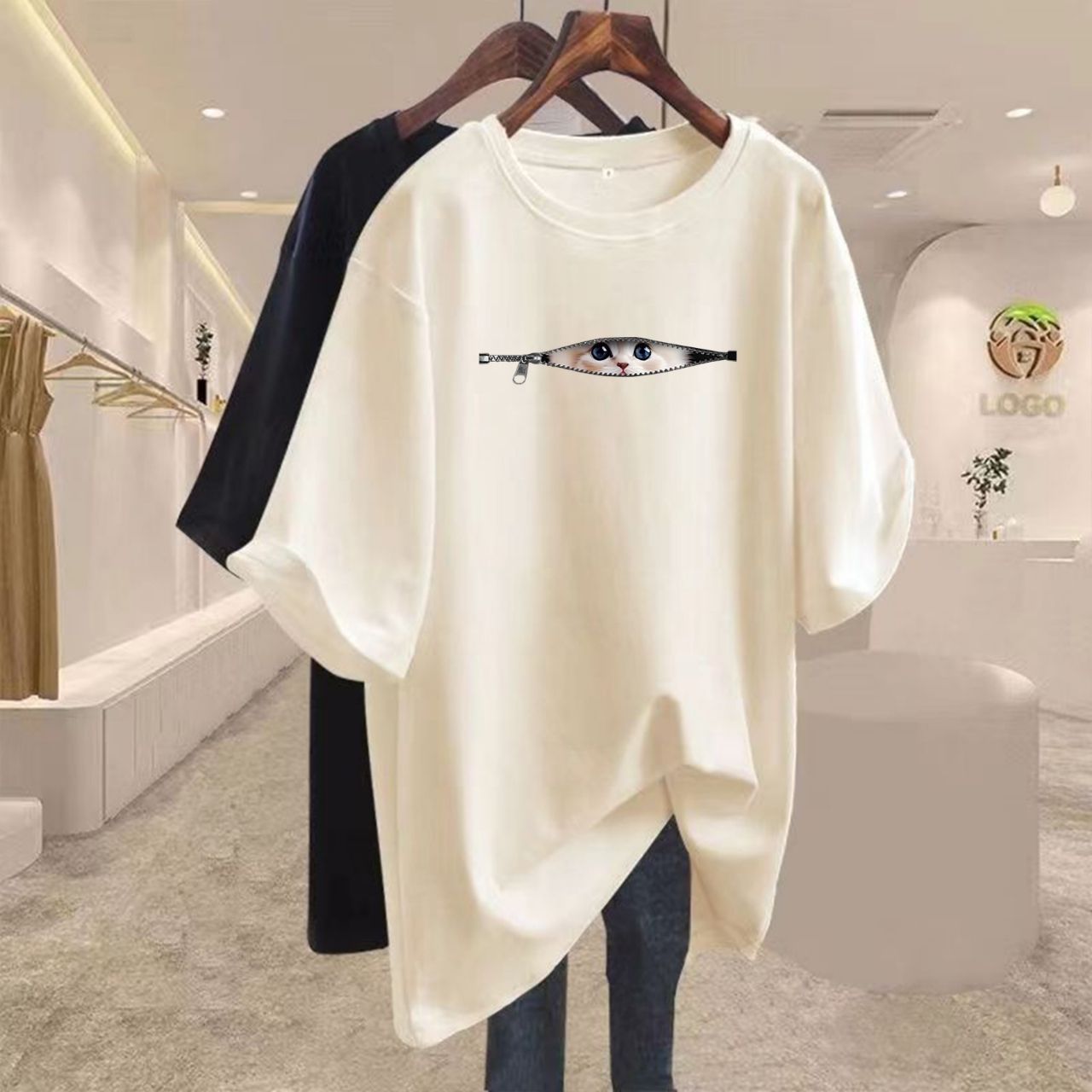 16色純棉寬鬆可愛貓咪寬鬆中長款百搭短袖T恤-HaloBless