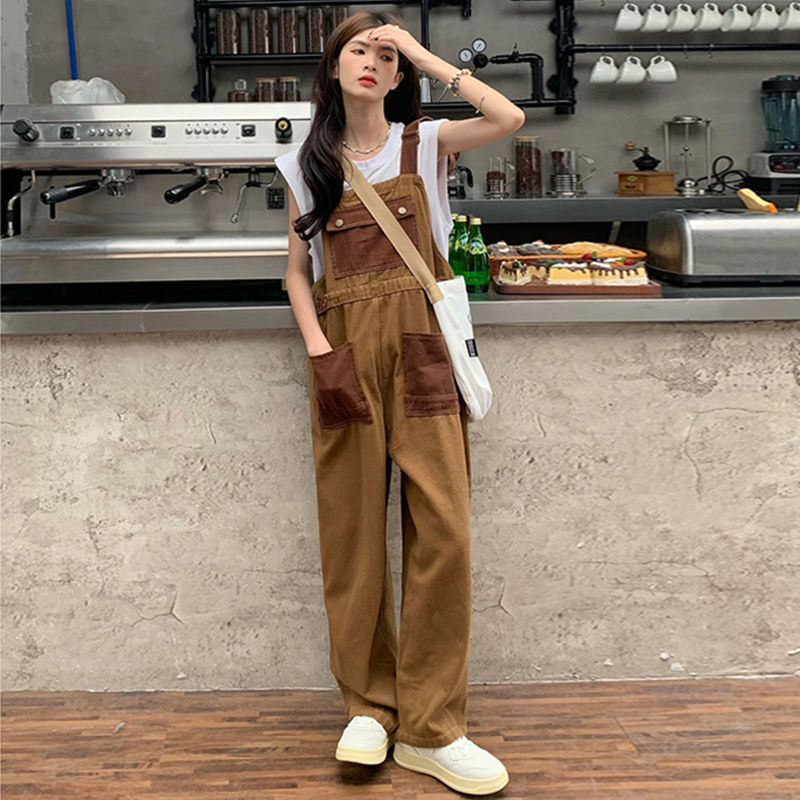 減齡氣質美式高街拼接撞色工裝背帶褲-HaloBless