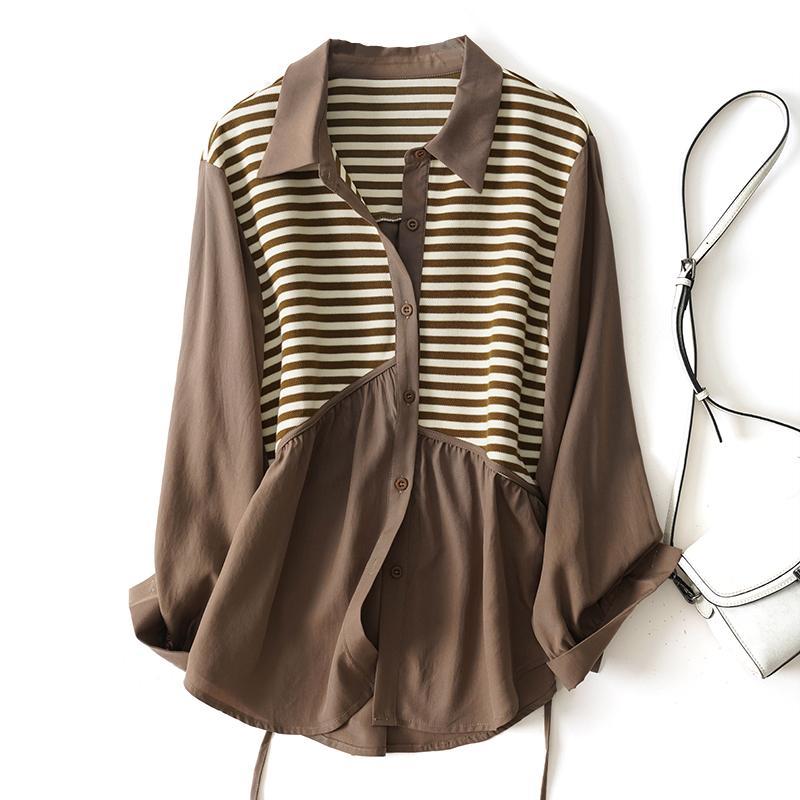 寬鬆針織拼接休閒中長版長袖襯衫