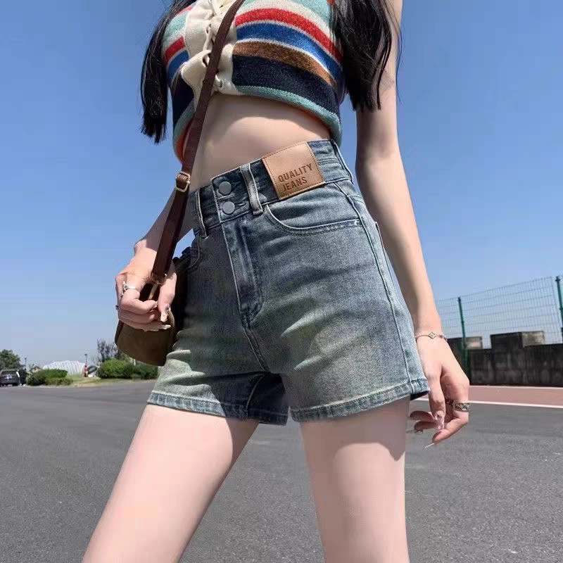 美式復古高腰顯瘦闊腿a字熱褲牛仔短褲