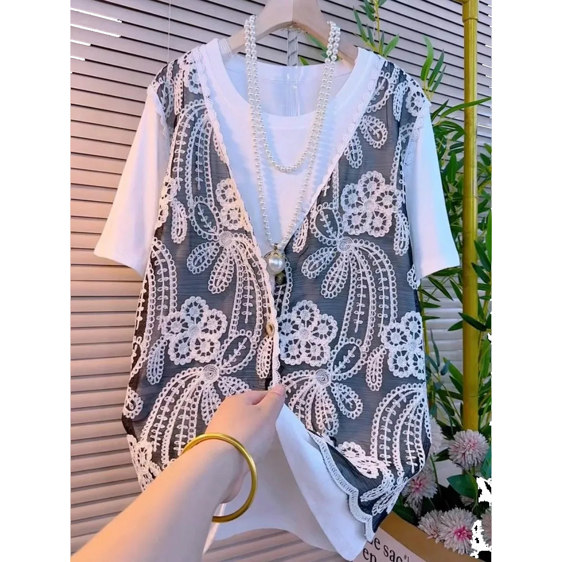 高級感假兩件鉤花鏤空寬鬆洋氣短袖T恤