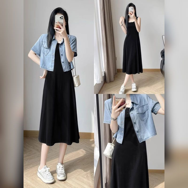 韓版時尚簡約牛仔短袖外套+背心長洋裝套裝