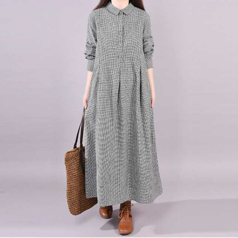 韓版時尚寬鬆大碼顯瘦格子長袖洋裝-HaloBless