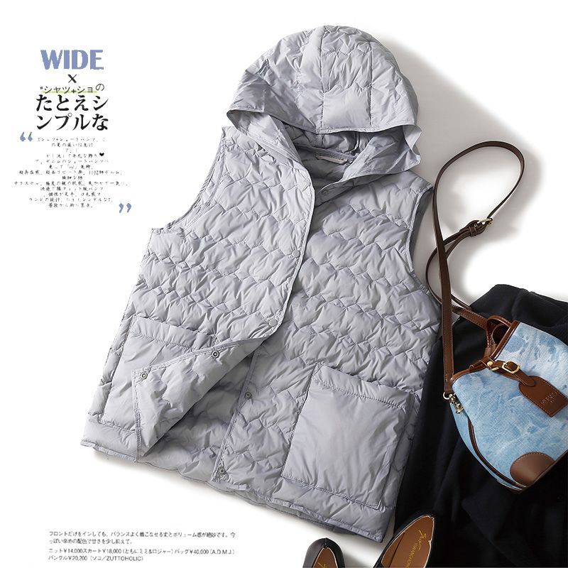 日系輕薄羽絨棉連帽馬甲休閒保暖背心外套-HaloBless