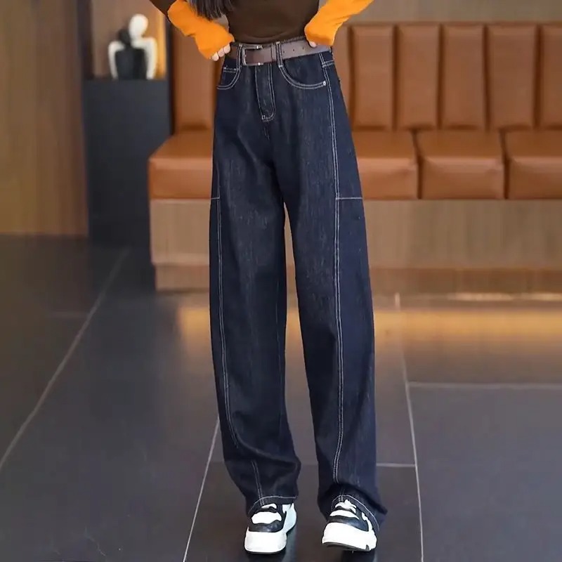 百搭休閒修飾腿型顯瘦遮肉彎刀闊腿牛仔褲-HaloBless