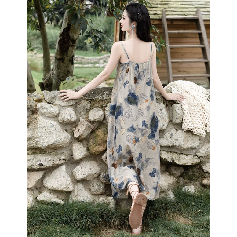 【單件/套裝】氣質油畫風吊帶連身裙+鏤空文藝開衫兩件套裝-HaloBless