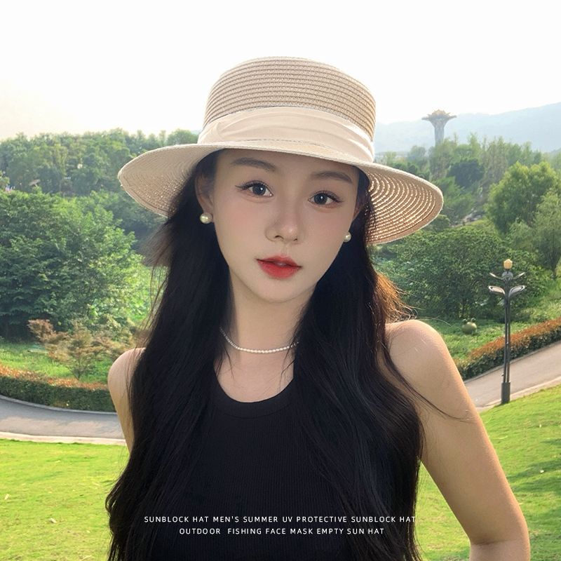 赫本風法式平頂草帽大帽檐遮陽防曬帽度假沙灘帽-HaloBless