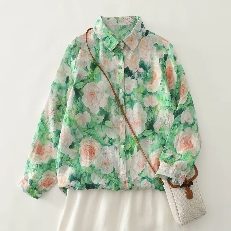 綠色碎花法式寬鬆顯瘦百搭長袖襯衫-HaloBless