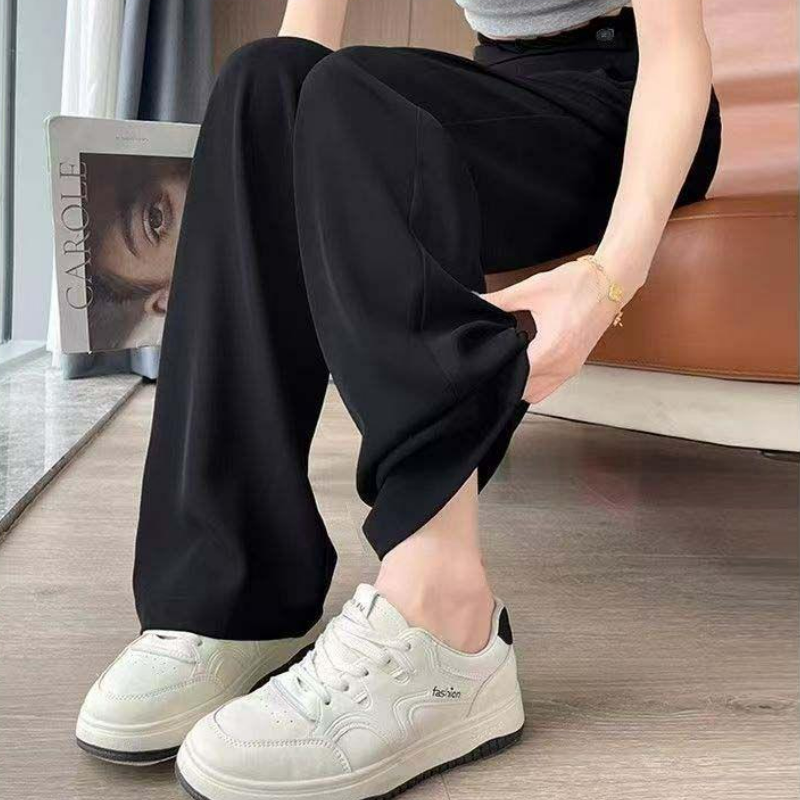 復古鬆弛感百搭高腰直筒垂感休閒闊腿褲-HaloBless