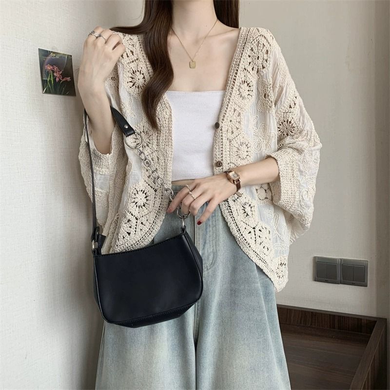 波西米亞風鉤花鏤空V領大碼防曬開衫襯衫-HaloBless