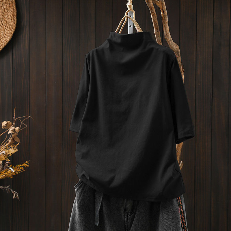 純棉半高領寬鬆顯瘦百搭素色五分袖T恤-HaloBless