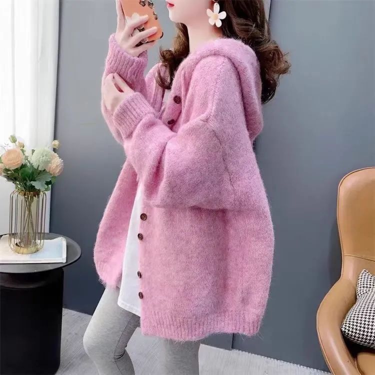 慵懶風百搭韓版寬鬆連帽針織開衫