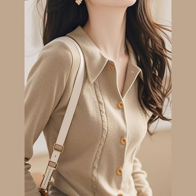 法式氣質百搭翻領顯瘦針織開衫