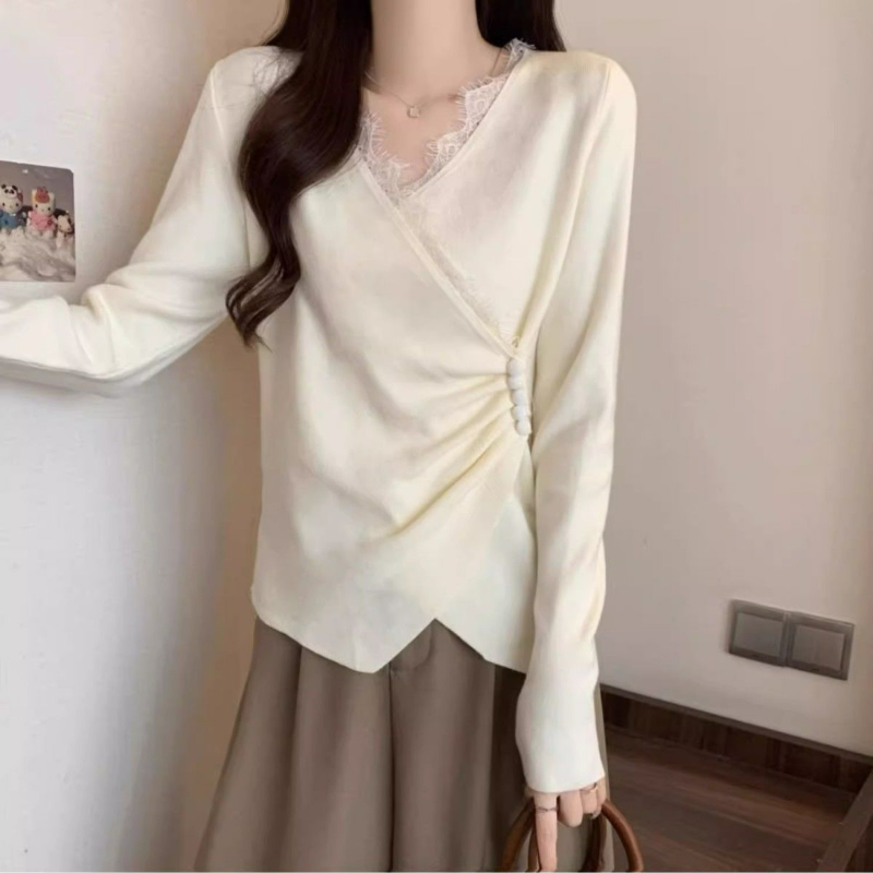 大碼德絨蕾絲拼接V領不規則交叉長袖T恤