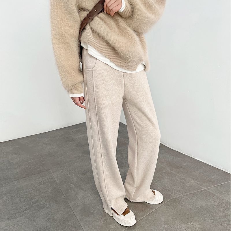 人字紋刷毛闊腿毛呢開叉直筒窄版香蕉褲