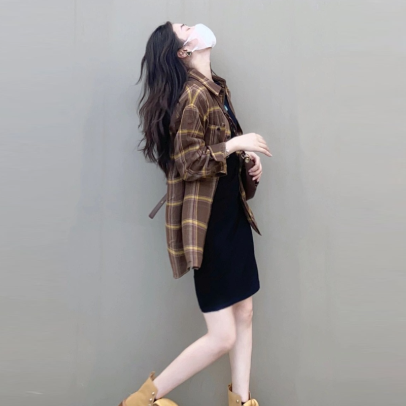 【單品/套裝】韓版顯瘦格紋襯衫洋装两件套裝-HaloBless
