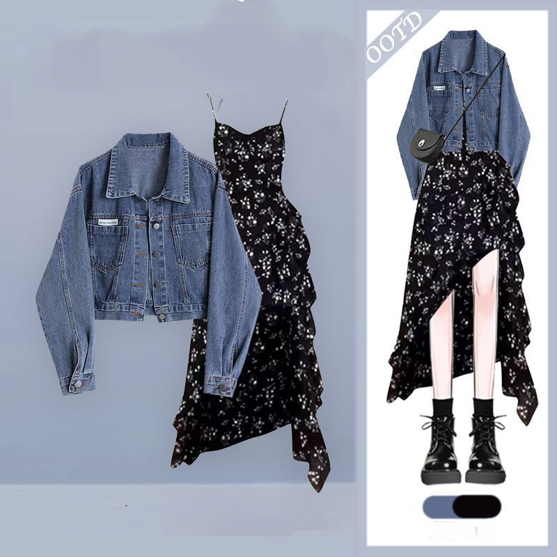 【單品/套裝】不規則碎花吊帶洋裝藍色牛仔短外套兩件套裝-HaloBless