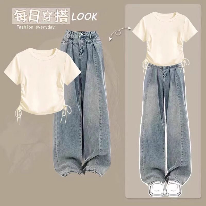 【單件/套裝】抽繩短袖t恤高腰牛仔褲兩件套裝