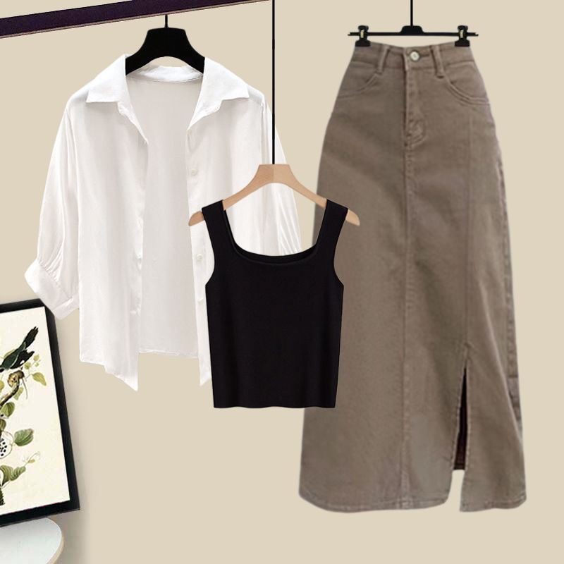 【單件/套裝】氣質防曬襯衫百搭背心顯瘦半身裙三件套裝-HaloBless