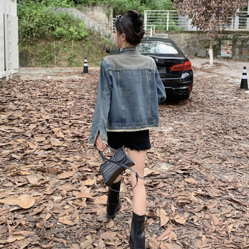 復古毛邊寬鬆顯瘦夾克水洗牛仔外套