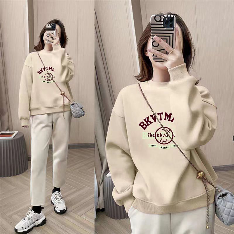 薄款oversize寬鬆印花圓領洋氣大碼長袖T恤