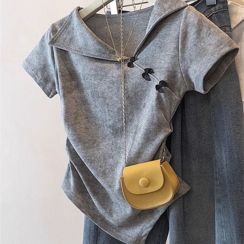 設計感翻領紮染不規則蝴蝶結收腰短袖T恤-HaloBless