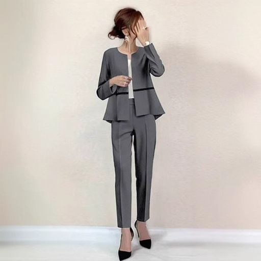 日系圓領西服上衣小腳褲職業通勤兩件套裝-HaloBless