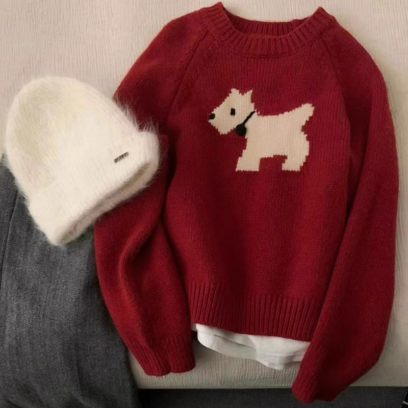 韓系寬鬆短版軟糯圓領狗狗提花針織毛衣