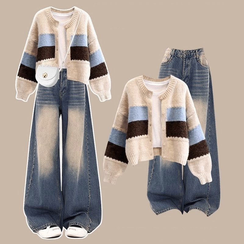 【單件/套裝】復古慵懶撞色針織開衫+收腰顯瘦做舊牛仔闊腿褲兩件套-HaloBless