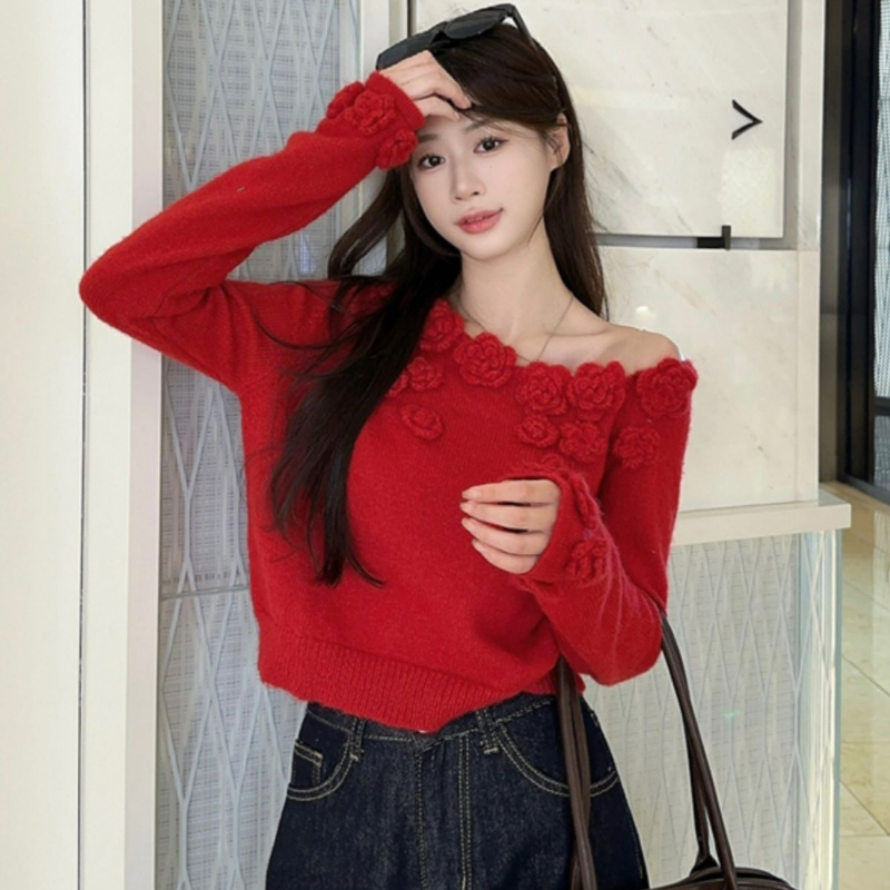 露肩立體花朵花朵設計短版針織衫