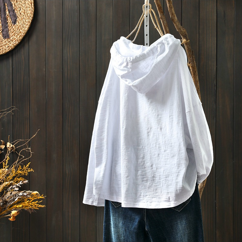 竹節棉連帽寬鬆休閑遮肉套頭長袖T恤-HaloBless