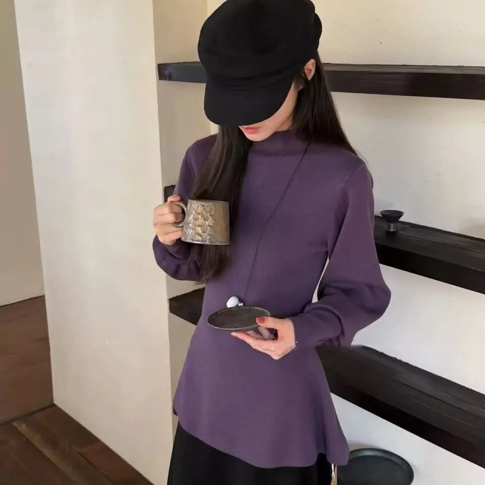 法式半高領燈籠袖獨特收腰慵懶氣質針織毛衣