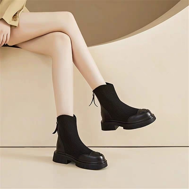 飛織瘦瘦厚底馬丁靴韓版彈力襪子百搭短靴-HaloBless