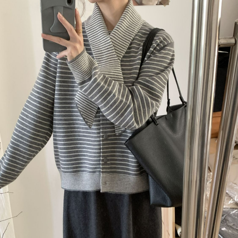 【單件/套裝】韓系復古高級感條紋寬鬆針織衫毛衣+圍巾+高腰半身裙三件套