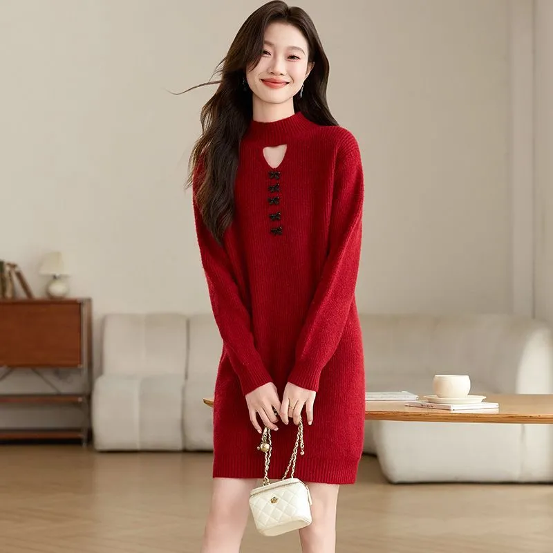 時尚百搭寬鬆加厚半高領中長版針織毛衣洋裝