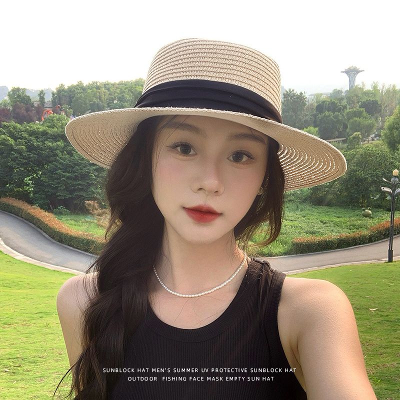 赫本風法式平頂草帽大帽檐遮陽防曬帽度假沙灘帽-HaloBless