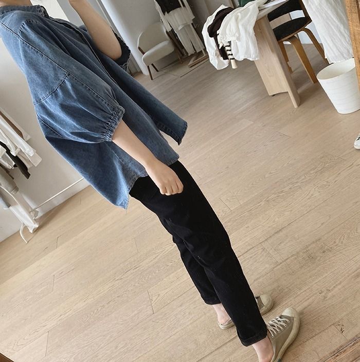 復古簡約寬鬆顯瘦燈籠袖牛仔襯衫-HaloBless