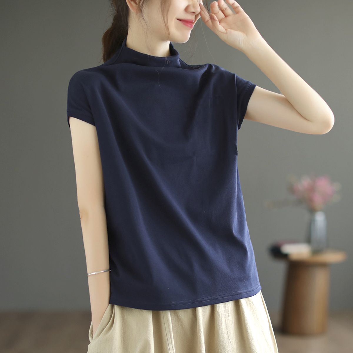 純棉文藝寬鬆顯瘦百搭半高領t恤短袖-HaloBless