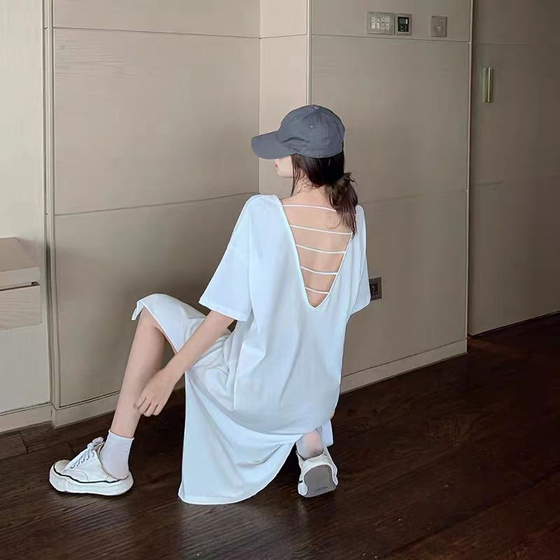 慵懶風大碼素色露背薄款V領短袖洋裝-HaloBless