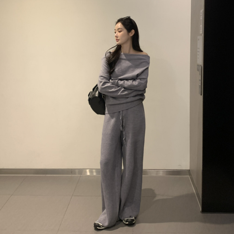 【整套】法式高級感一字領露肩毛衣+高腰針織直筒長褲兩件套