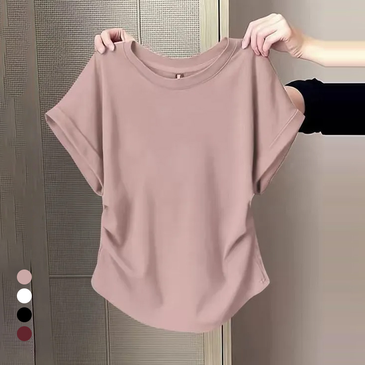 百搭修身顯瘦遮肉微褶設計感圓領短袖-HaloBless