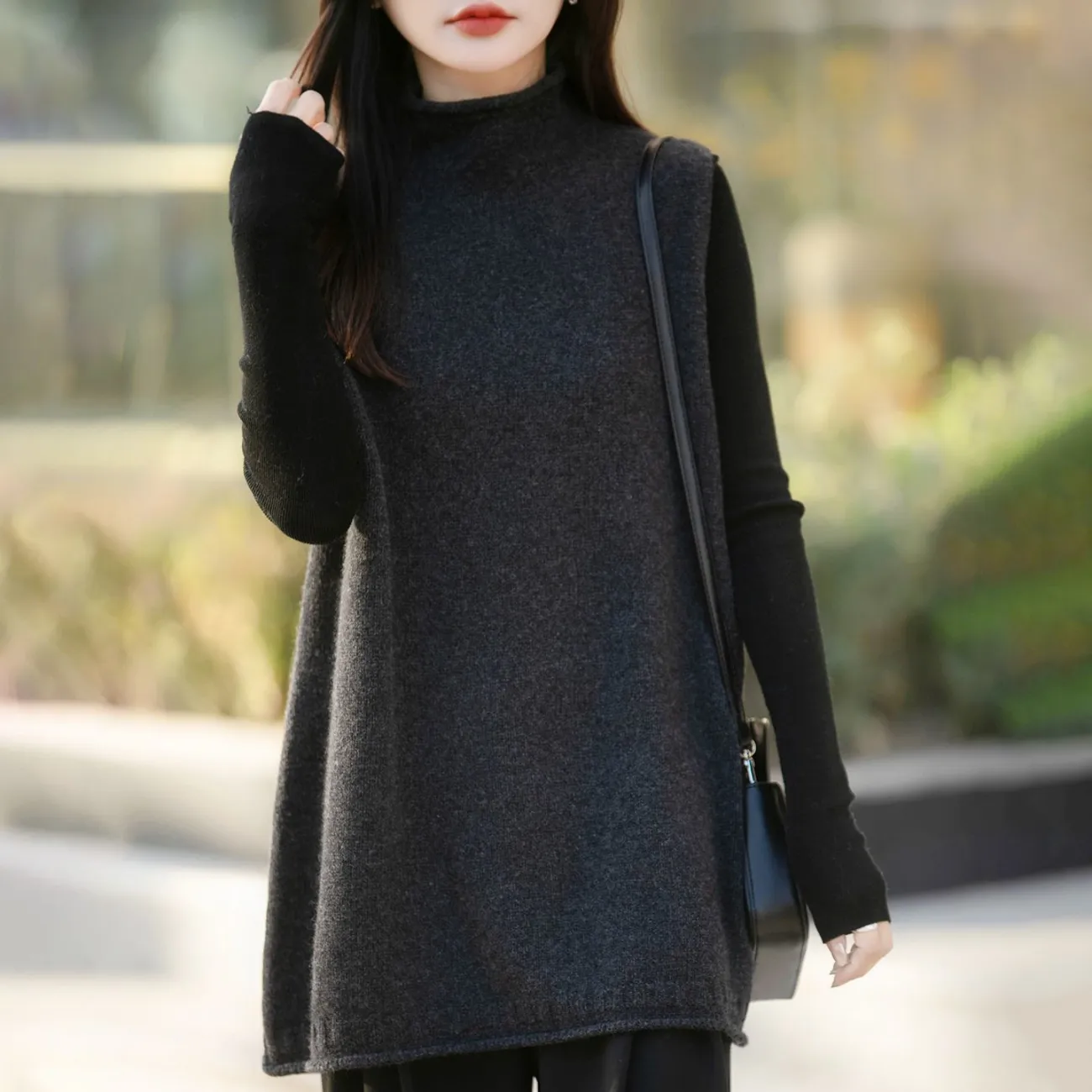 半高領中長版寬鬆背心坎肩羊毛針織馬甲