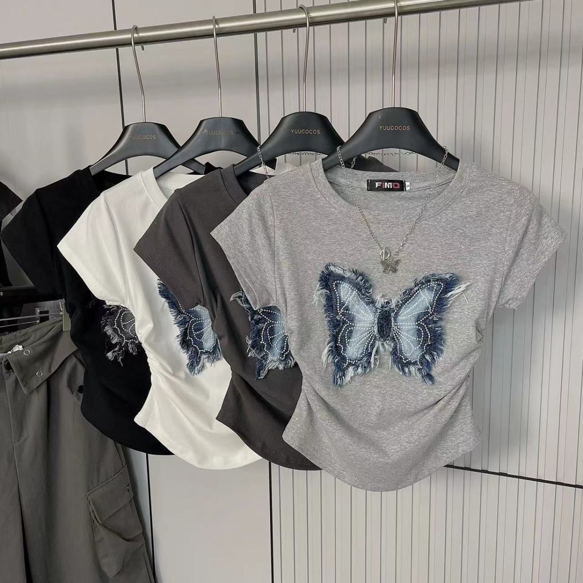 百搭顯瘦修身收腰褶皺正肩蝴蝶短袖T恤