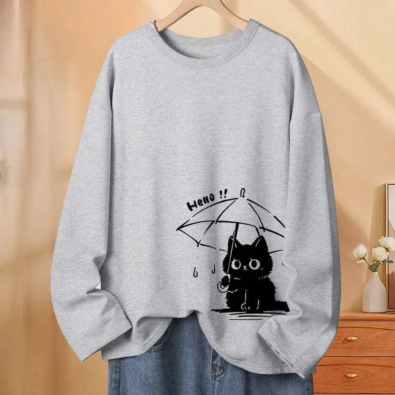 純棉薄款撐傘貓可愛圓領長袖T恤-HaloBless