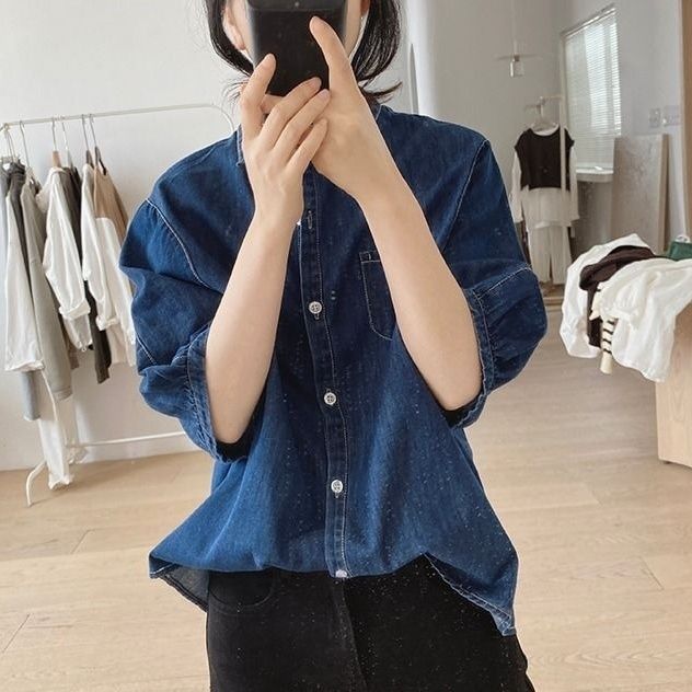復古簡約寬鬆顯瘦燈籠袖牛仔襯衫-HaloBless