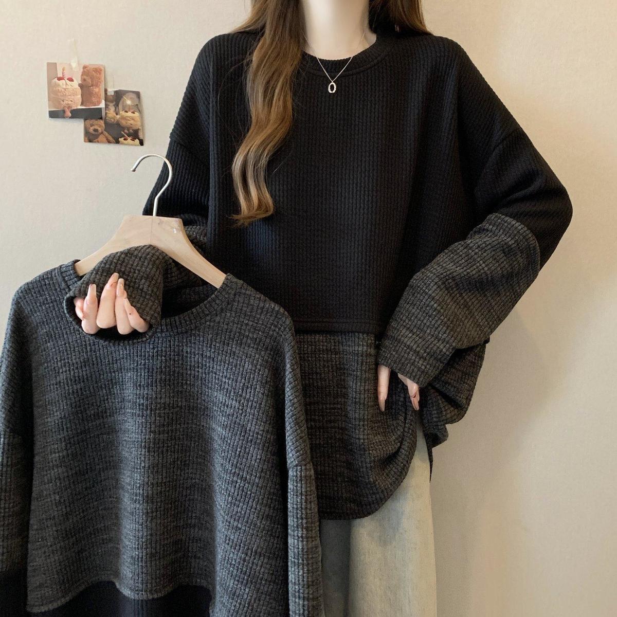 2色設計感拼接寬鬆慵懶撞色長袖T恤-HaloBless