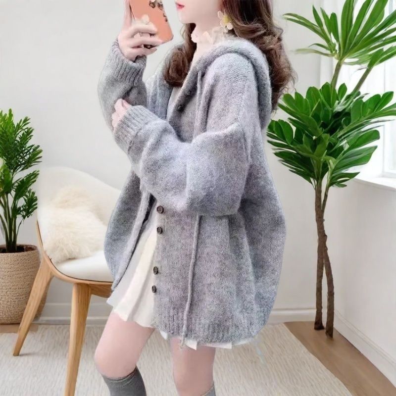 慵懶風百搭韓版寬鬆連帽針織開衫