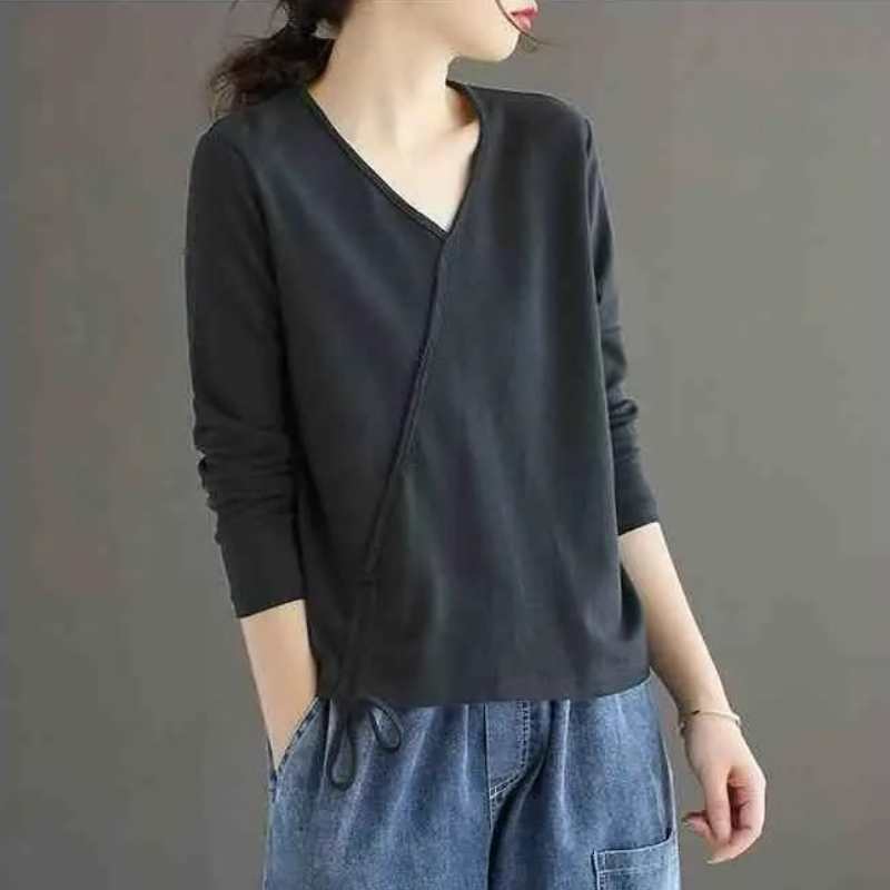 純棉V領休閑百搭抽繩大碼打底衫長袖t恤-HaloBless