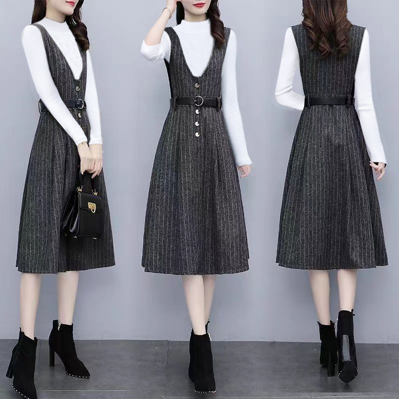 【單件/套裝】毛呢氣質外穿顯瘦背帶連身裙+內搭毛衣兩件套裝-HaloBless